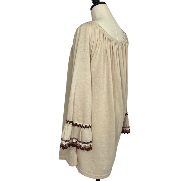 WinWin Tunic Tan with Brown Crochet Accent Bell Sleeves Size L/XL - Picture 4 of 9